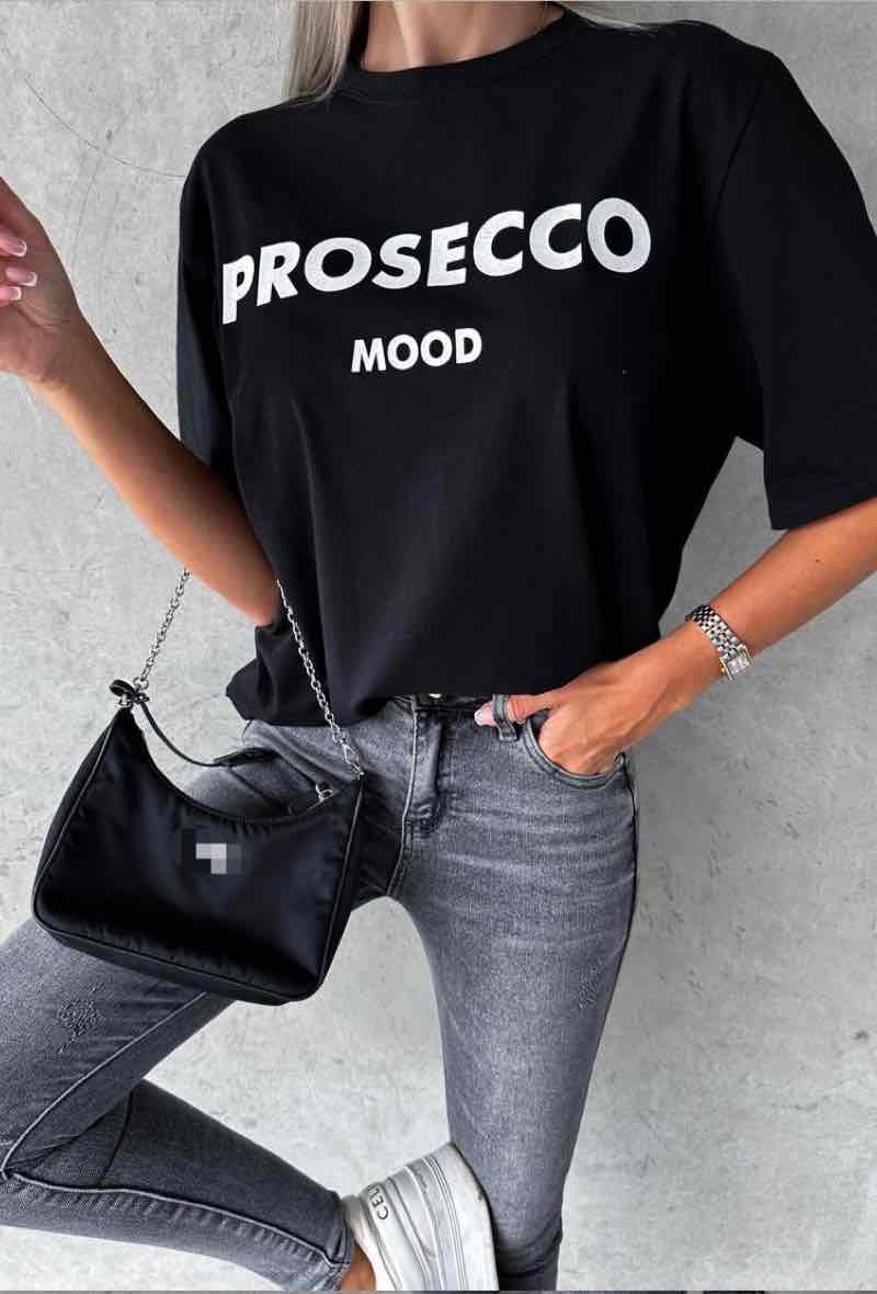 KOKVILNAS T-KREKLS "PROSECCO MOOD" MELNS AR PELĒKU
